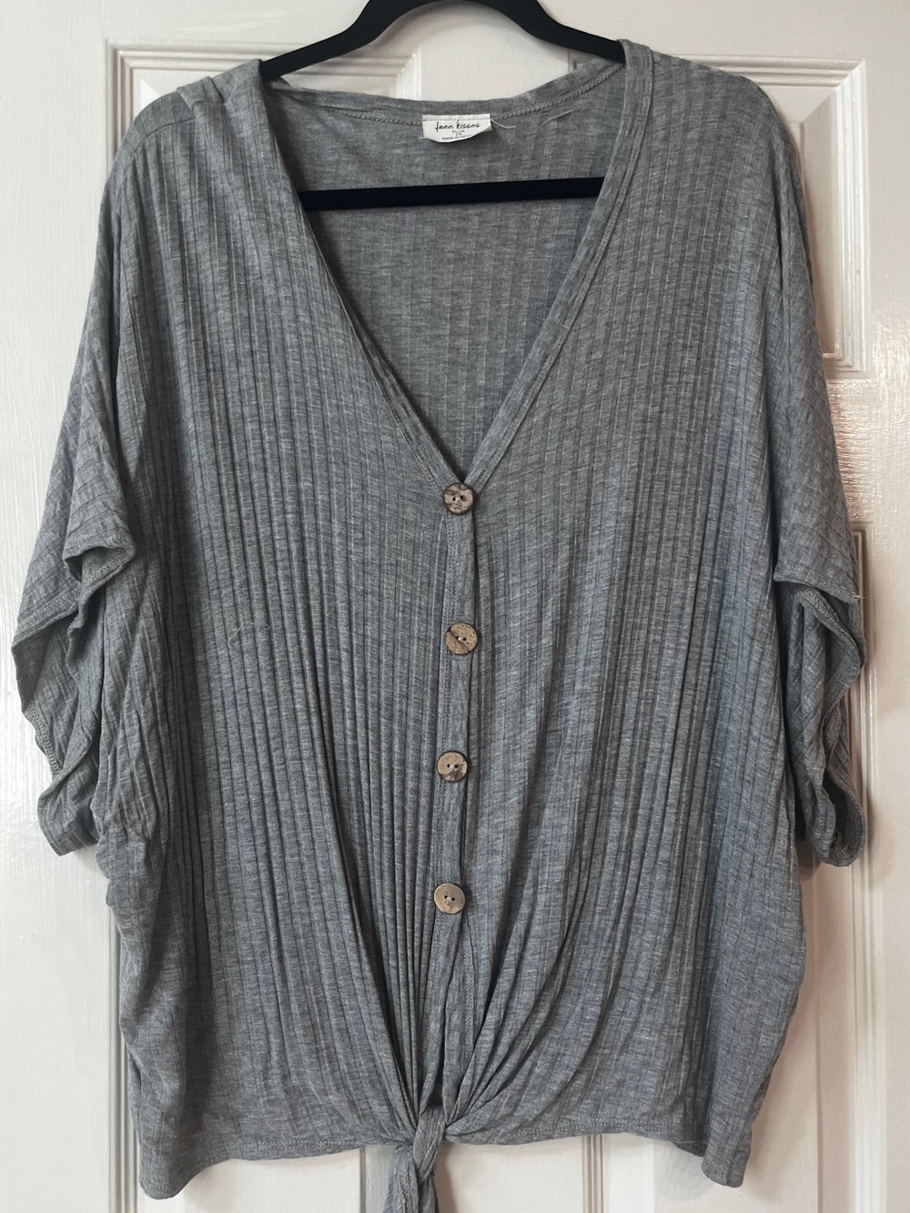 Free Kisses Gray Ribbed Button Tie-Front Dolman Top
